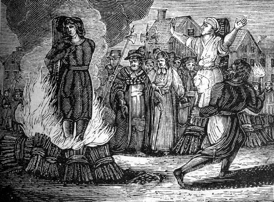 A graphic showing a woman being burned at the stake