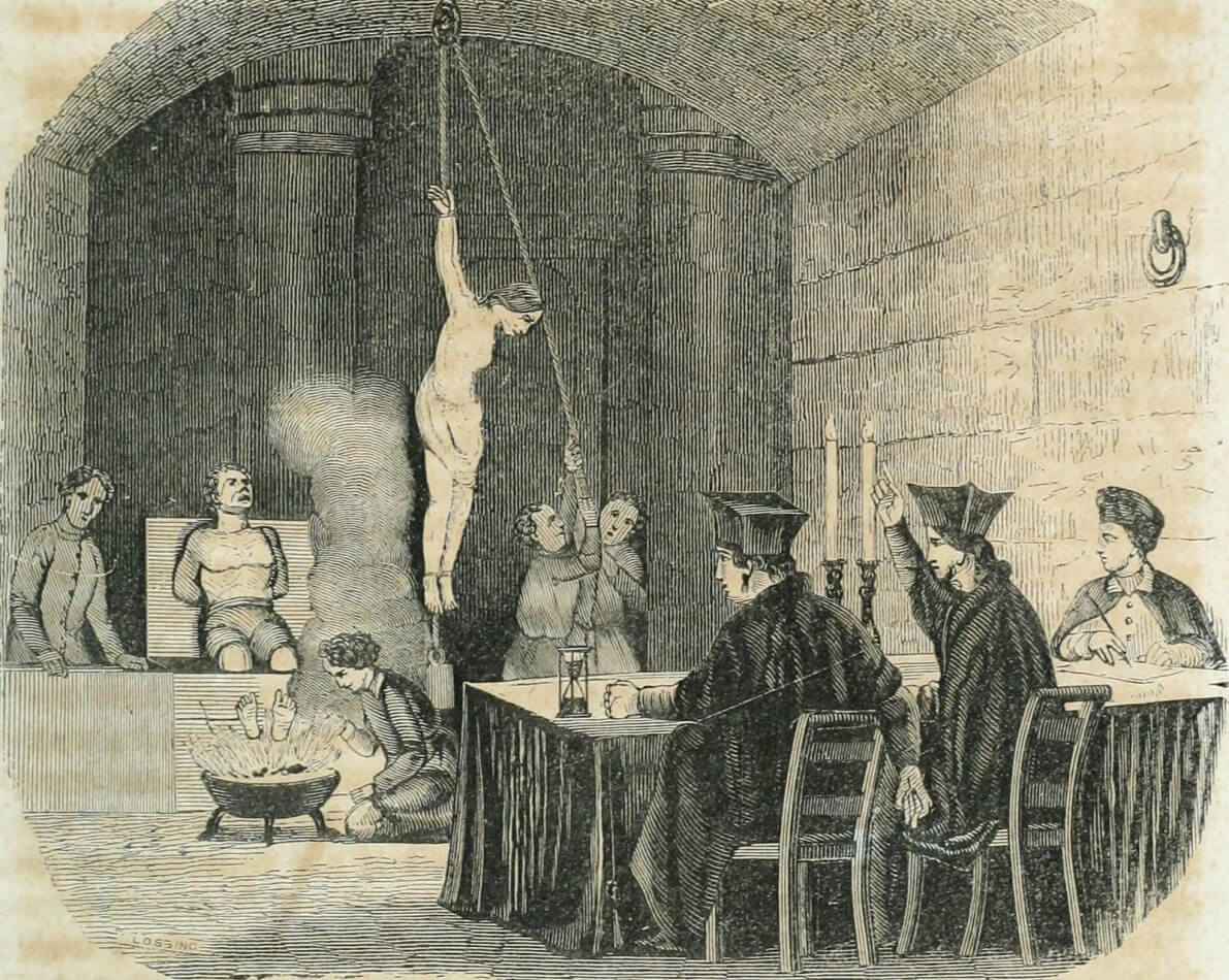 A drawing of someone being tortured with the strappado