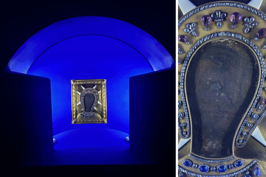 Our Lady of Philermos is currently housed in 'the blue chapel' in a quiet corner of Montenegro's art museum. A close-up of the painting of the painting, surrounded by precious stones.