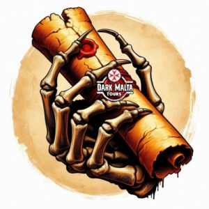 A skeletal hand holding a scroll with the Dark Malta Tours logo