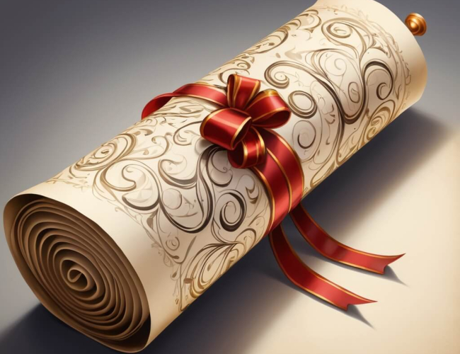 A scroll wrapped in a red ribbon