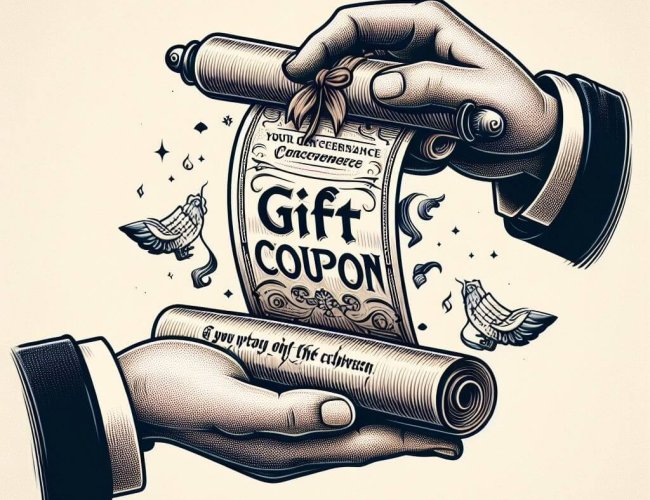 Graphic showing two hands holding a scroll that says 'Gift Coupon'